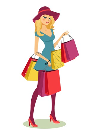 beautiful young blond woman after shopping with lots of shopping bags in her hands vector illustrationのイラスト素材