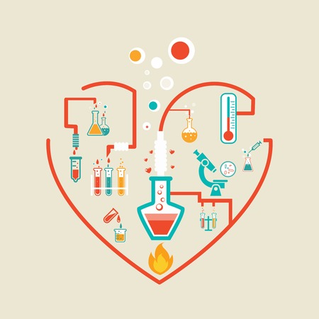 love chemistry infographics scheme vector illustration with flasks, test tubes and beakersのイラスト素材
