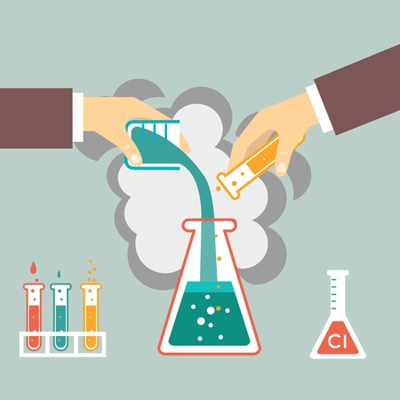chemical experiment, hand mixed chemicals vector illustrationのイラスト素材