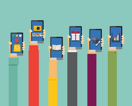 mobile apps illustration in flat design, hands holding smartphonesのイラスト素材