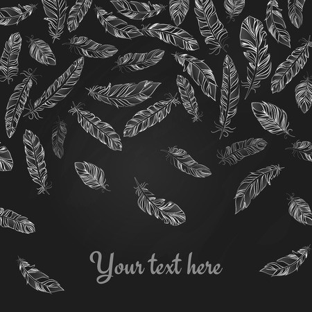 Background with falling hand drawn delicate white feathers on blackのイラスト素材
