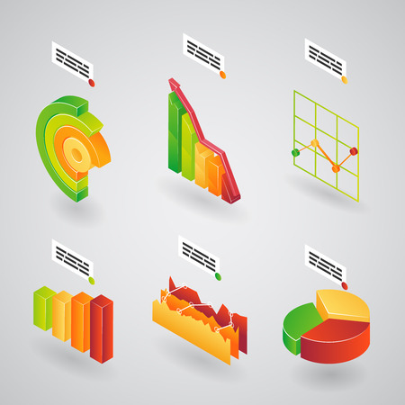 Colorful collection of 3d analytical charts, bar graphs and pie graphsのイラスト素材