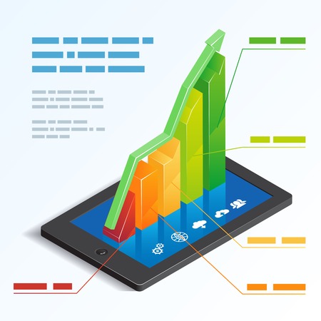 Colorful ascending 3d bar graph on a tablet touchscreenのイラスト素材