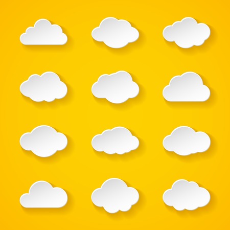 Illustration of twelve white paper clouds with different shapes and shadow on bright yellow backgroundのイラスト素材