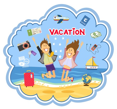 Vacation at the seaside vector illustration showing a happy couple jumping for joy on a tropical beach in the summer sun surrounded by various travel iconsのイラスト素材