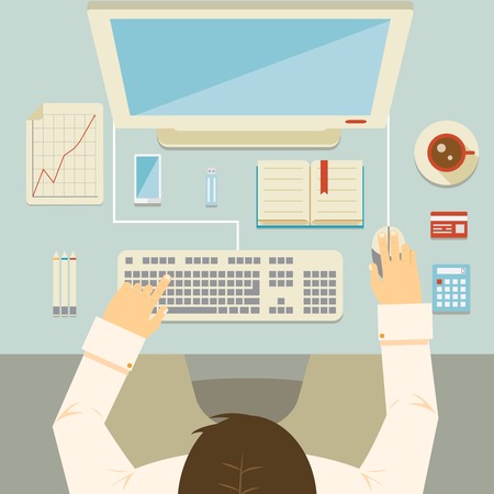 Overhead perspective of a businessman working at his desk using a desktop computer  keyboard  mouse  bank card  graph  calculator and coffee  vector illustrationのイラスト素材