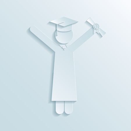 Paper icon of graduate in graduation gown and mortarboard hat holding diploma in the air while celebrating graduation at the end of college studiesのイラスト素材
