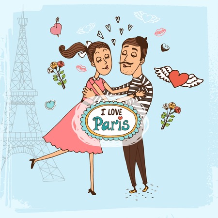 I Love Paris hand-drawn illustration with a couple of lovers in an intimate embrace in front of the Eiffel Tower surrounded by hearts and flowers and a central cartouche or frame containing the textのイラスト素材