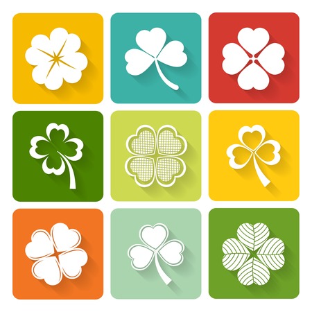 Set of shamrock and clover icons on colorful square buttons conceptual of the Irish and good luckのイラスト素材