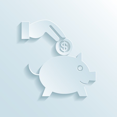 Savings and economy paper icon in the form of a piggy bank with a hand depositing a coin in a financial planning  economic  investment and retirement conceptのイラスト素材