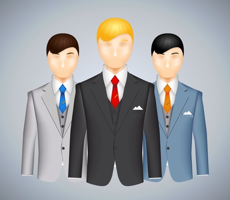 Trio of businessmen in suits each wearing a different colored outfit with a blond haired man in the foreground  vector illustrationのイラスト素材