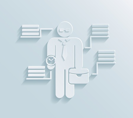 Flat paper businessman icon wearing suit with big wrist watch and briefcase and four linked text boxesのイラスト素材