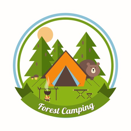 Forest Camping circular emblem with a curious bear peering around a tent in a pine forest with green trees with a campfire  table and chair and a ribbon banner with the text - Forest Camping - belowのイラスト素材