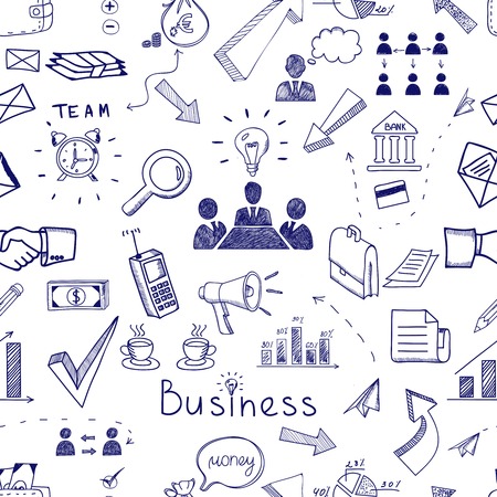 Doodle sketch business icon seamless pattern with financial  teamwork  management  graphs and charts  handshake  brainstorming  documents and mail icons scattered randomly on whiteのイラスト素材