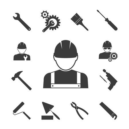 construction worker icons: hammer, pliers, saws and drillのイラスト素材