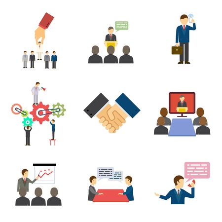 Set of illustrations depicting businesspeople talking  making speeches  in training  meetings  a conference  presentation  handshake  hiring  firing  and on a mobile phoneのイラスト素材