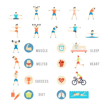Sports and Health People, vector eps10 illustration. People play sports, weights biking yoga and swimmingのイラスト素材