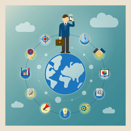 World business concept. Businessman standing on globe and talking on phoneのイラスト素材