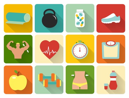 vector healthy life icons in flat style. Weight control fitness nutrition and vitaminsのイラスト素材