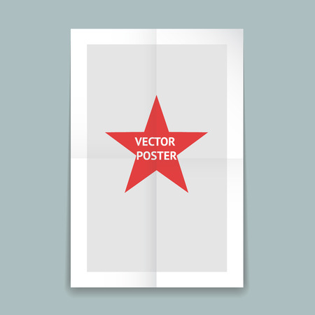 Folded paper poster template with crease lines and a red star in the centre on a grey background with a white border  vector illustrationのイラスト素材