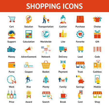 Colored Shopping Icons. Marketing and distribution, choices and transportationのイラスト素材