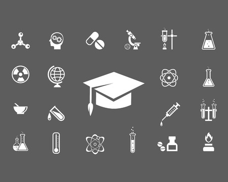 Set of trendy science icons with a central mortarboard hat surrounded by laboratory glassware  microscope  globe  radiation icon  atom  syringe  thermometer and pestle and mortar  vector illustrationのイラスト素材