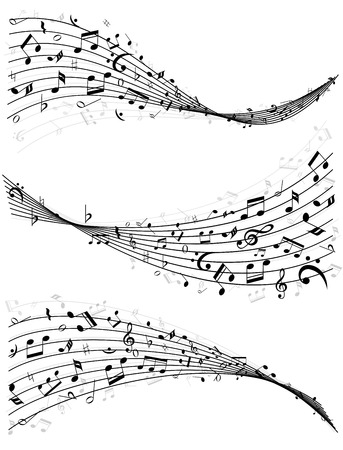 Set of three different wavy lines or staves of random scattered music notes in black and white  vector illutrsationのイラスト素材