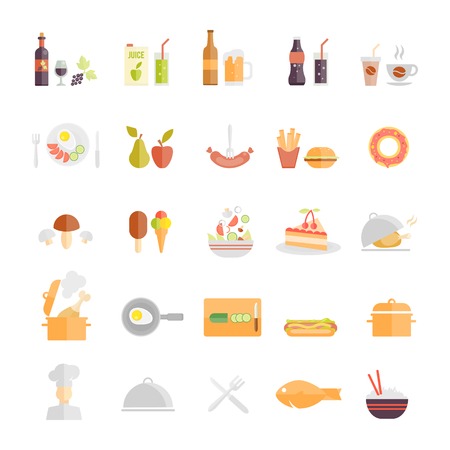 Large set of food and beverage icons with wine  beer  fruit juice  soda  coffee  sausage  fruit  takeaways  mushroom  lolly  salad  cake  roast  stew  egg  hotdog  chef  dome  fish  rice and cutleryのイラスト素材