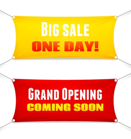 Two colorful red and yellow rectangular textile banners suspended from the corners by ropes with slogans. Big Sale  Opening Soon. Grand Opening  Coming Soon  vector illustrationのイラスト素材