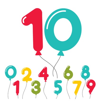 Set of colorful birthday party balloon numbers in the colors of the rainbow   0 through 9  floating in the air on strings  vector illustration isolated on whiteのイラスト素材