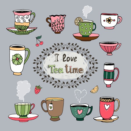 I Love Tea Time central cartouche with a foliate frame surrounded by a variety of cups of tea in different shapes and patterns  hand drawn vector illustrationのイラスト素材