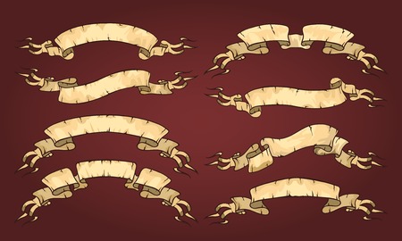 Set of eight vintage ribbons or banners with aged curled ornate folded ribbons for use in heraldry  manuscripts  classics and antiquity  vector illustrationのイラスト素材