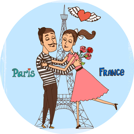 Couple in love with Eiffel Tower from Parisのイラスト素材
