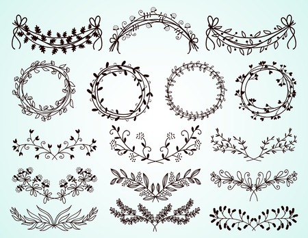 Set of hand-drawn floral borders and wreathsのイラスト素材