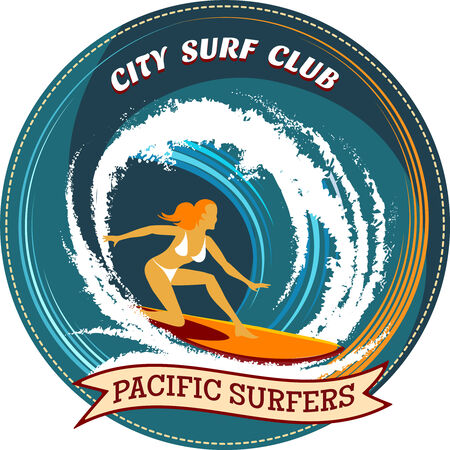 Surfing badge design with a girl surfingのイラスト素材