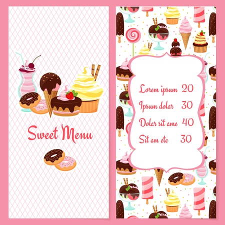 Colorful vector dessert menu template for restaurants with a framed price list surrounded by ice cream  candy  sweets  pastries and desserts on one half and the text Sweet Menu on the otherのイラスト素材