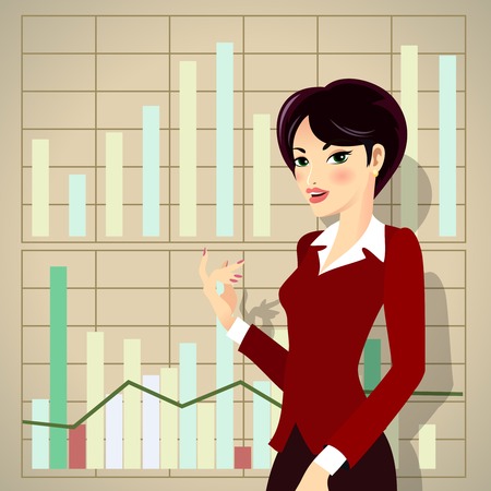 Business Woman in Red Corporate Attire Cartoon Presenting Business Progressのイラスト素材