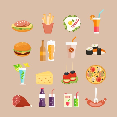 Food icons. Fast-Food, drinks and rolls in flat styleのイラスト素材