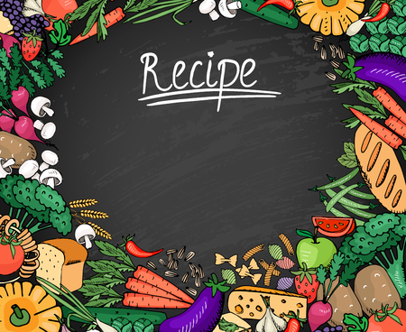 Food Recipe Background on Black Chalkboardのイラスト素材