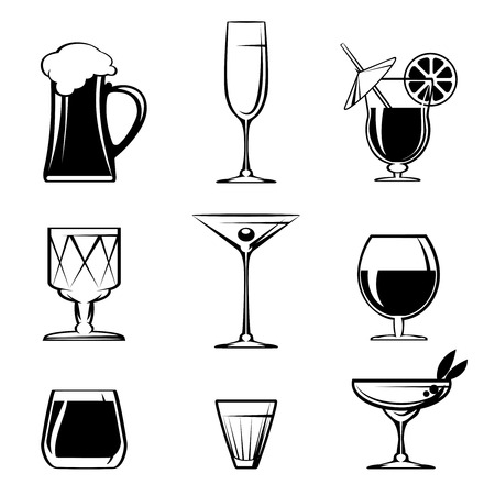 Silhouette Beverage Glass Icons on Whiteのイラスト素材