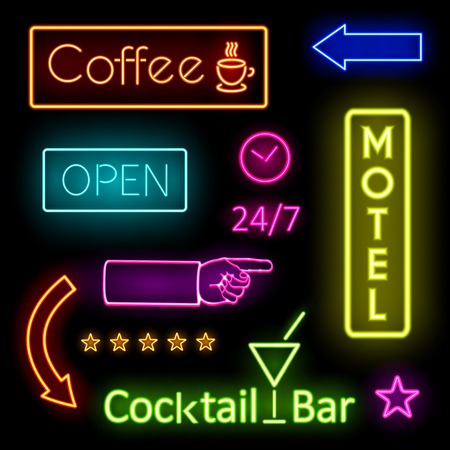 Glowing Neon Lights for Cafe and Motel Signsのイラスト素材