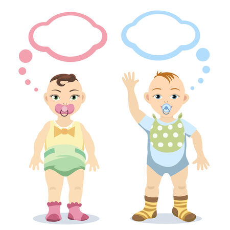 Baby boy and baby girl with speech bubbles isolated on whiteのイラスト素材