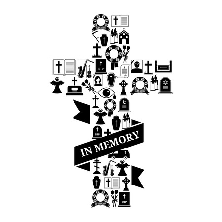 In Memory Concept - Black and White Funeral Cross Icon Graphic Design with Text on White Background.のイラスト素材