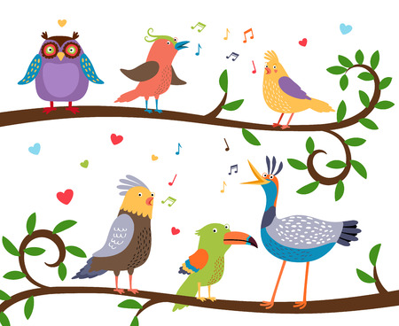 Singing birds on tree branchesのイラスト素材
