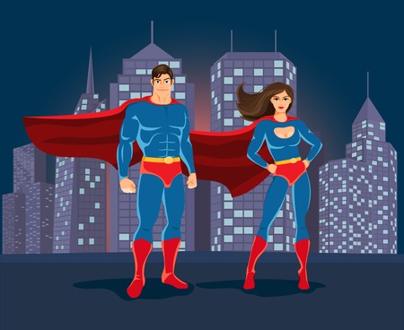 Superheroes on urban landscape backgoundのイラスト素材