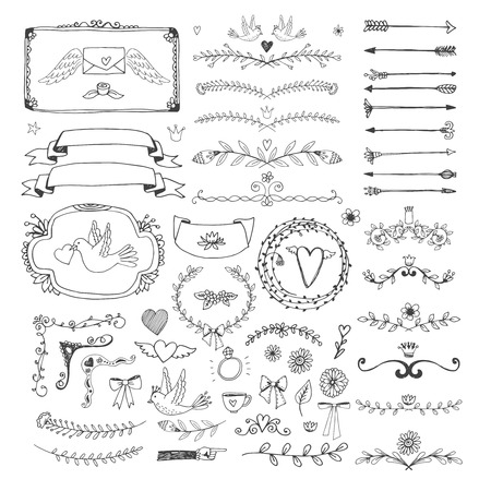 Hand drawn floral page elements. Swirls, ribbons, frames, arrows, dividers, banners and curlsのイラスト素材