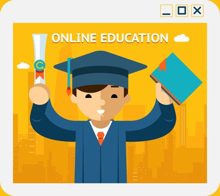 Online education. Graduate in gown and hat into app windowのイラスト素材