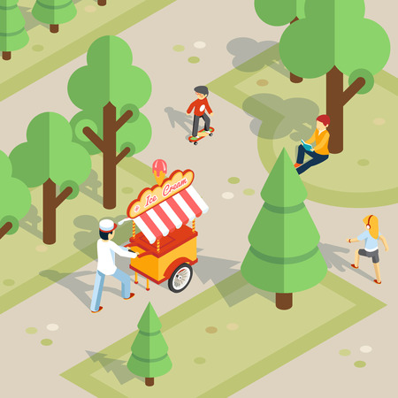 Ice cream seller rolls trolley through the parkのイラスト素材