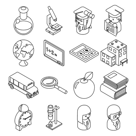 Education and school isometric 3d line iconsのイラスト素材