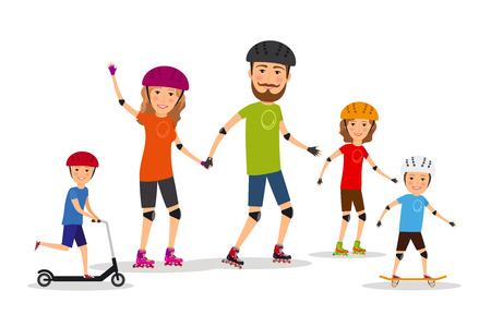 Sports family. Mom, dad and kids roller skateのイラスト素材